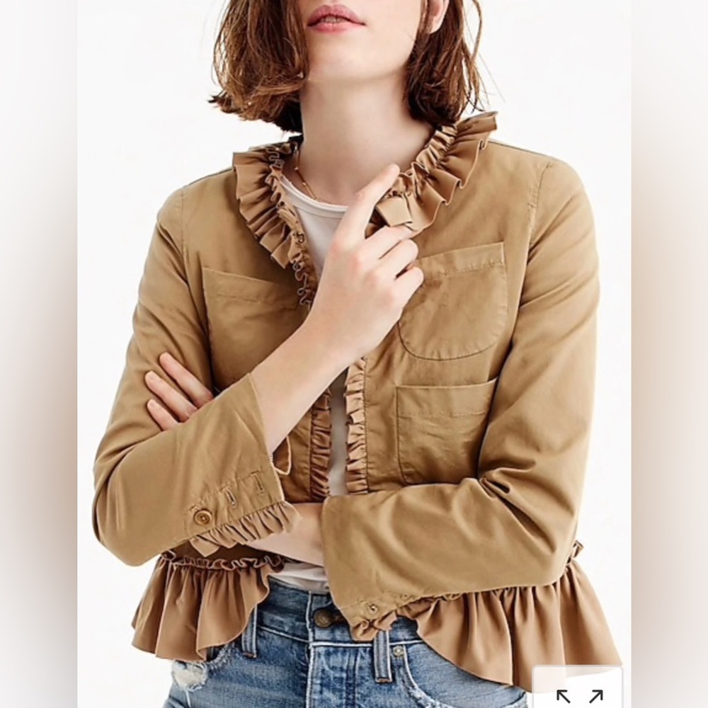 J. Crew Tan Ruffled Chino Jacket 4 Pocket Blazer Cotton Brass Closure Size 00